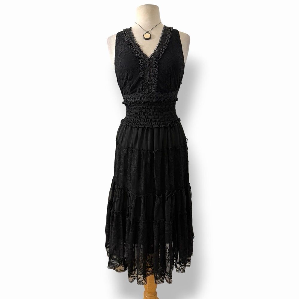 Vasna Desire Black Witchy Whimsigoth Lace Corset Smocked Tiered Vampire Dress L